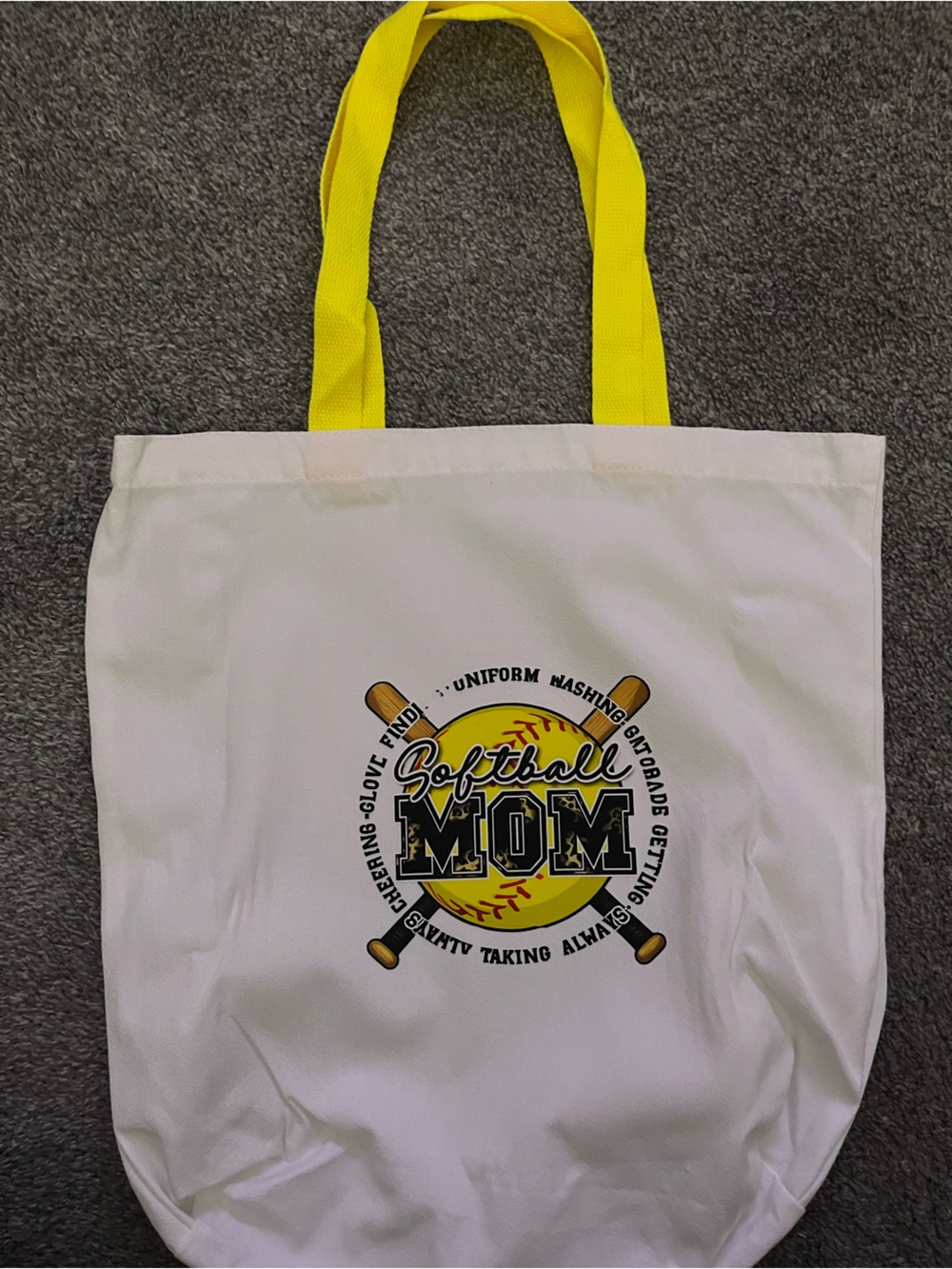 Softball Mom Graphic Tote Bag in White and Yellow-